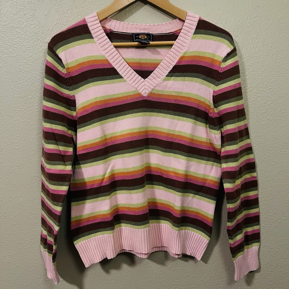 Vintage Route 66 Striped Cotton Sweater Y2K Brown Pastels Dopamine Preppy Size L